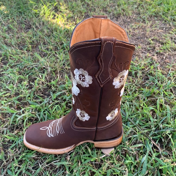 WOMEN RODEO Western COWGIRL Square Toe Brown BOOTS GENUINE LEATHER Botas Vaquera - Picture 4 of 7